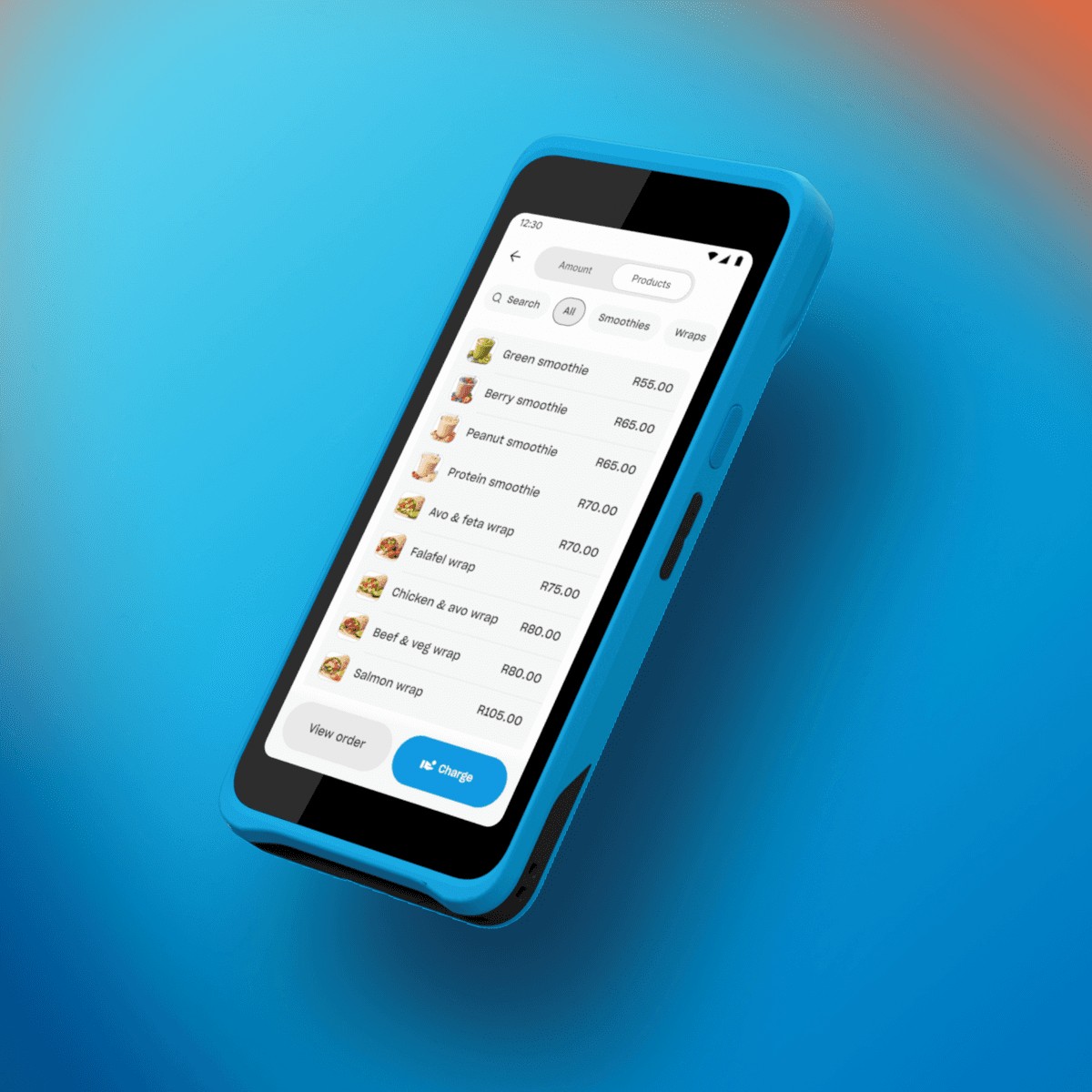 An image of the Kuno 2 point of sale's checkout screen against a blue background